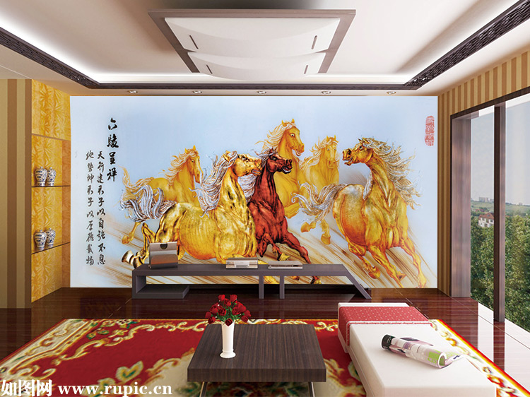 xxl-9432 六骏呈祥马匹国画背景图