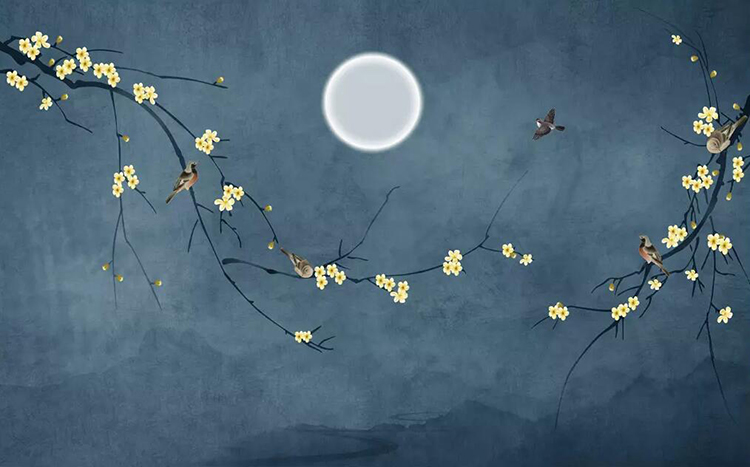梅花花鸟月亮蓝色中式背景